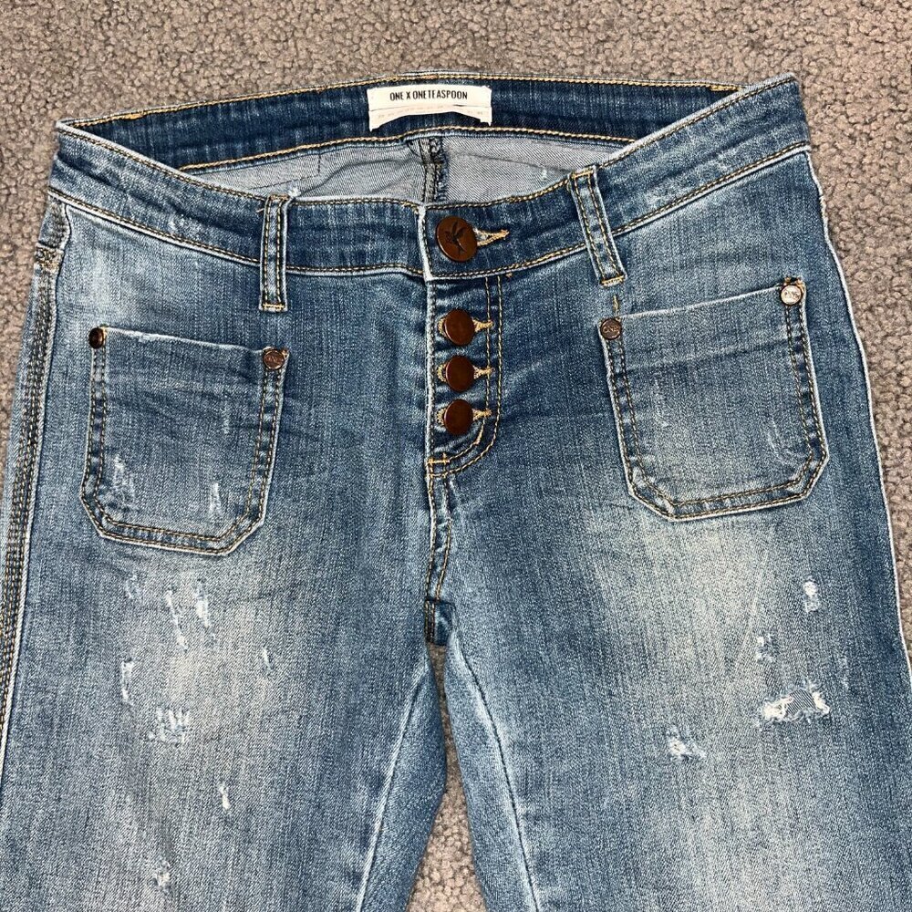 ONE X ONETEASPOON Low Rise Exposed Button Fly Dolphin Hem Distressed Jeans Sz.25 - Picture 2 of 16